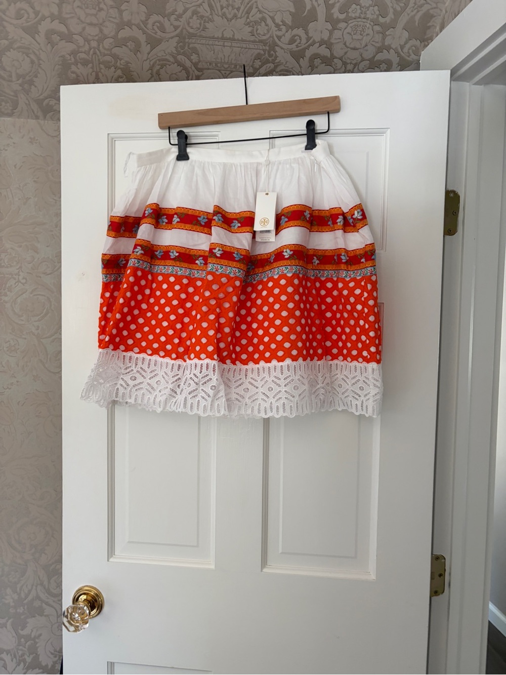 White & Orange Polka Dot Trim Skirt Tory Burch Austen 14 XL